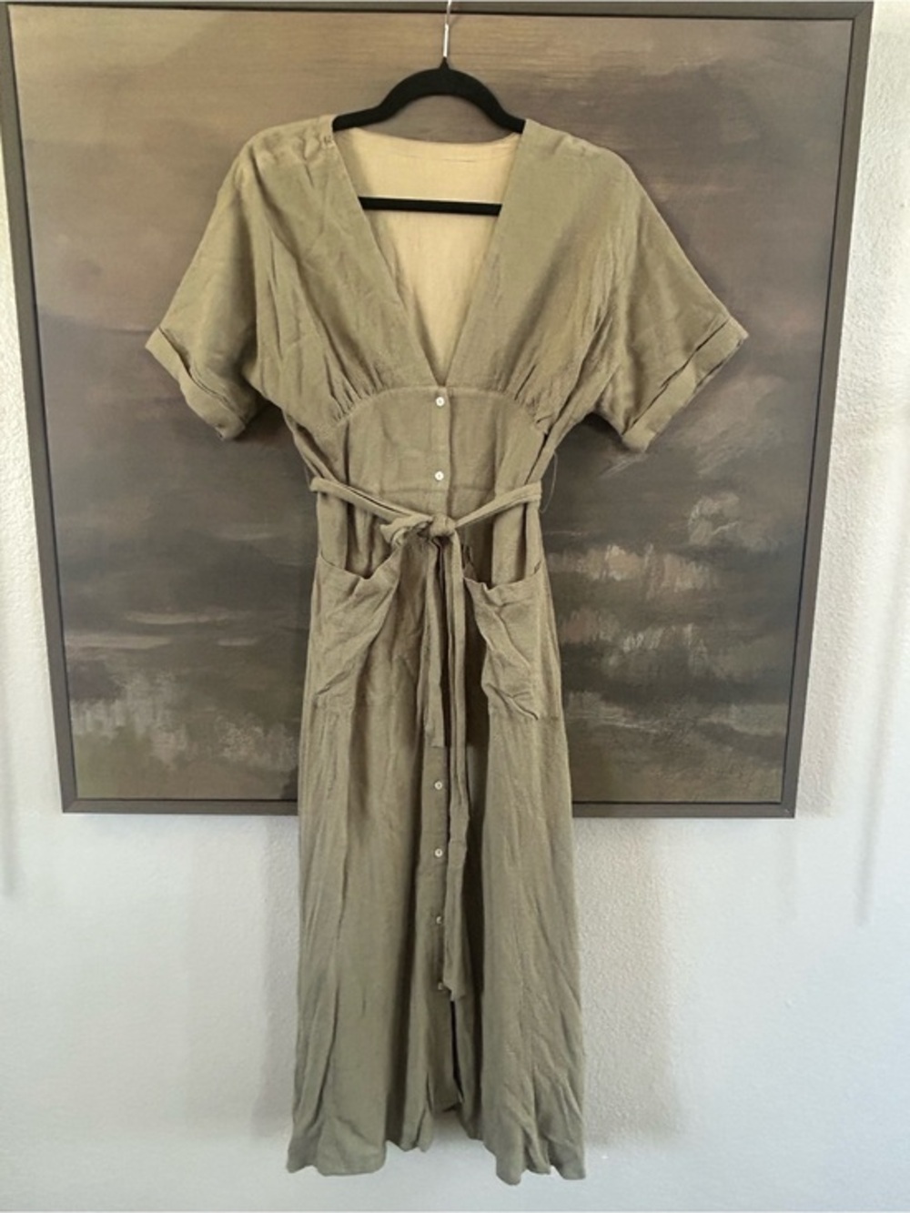 NWT Boutique Olive Green Button-Front Linen Midi Dress with Tie Waist